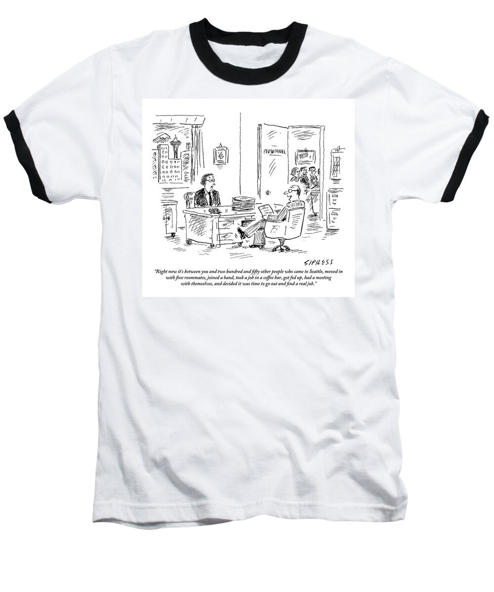 Interviews Baseball T-Shirt featuring the drawing A Young Job Applicant Sits In Front by David Sipress