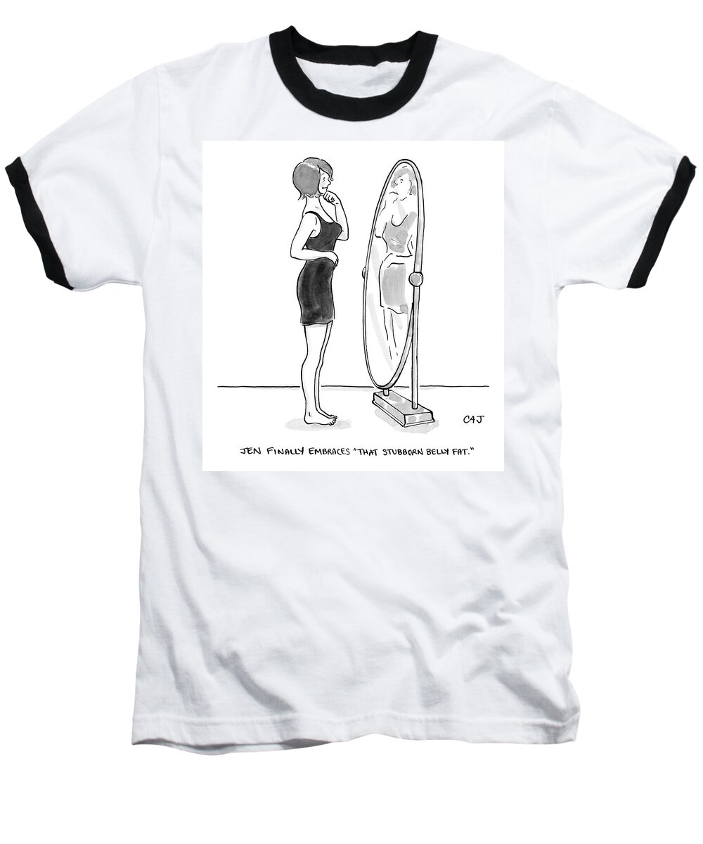 Mirror Baseball T-Shirt featuring the drawing A Young Woman Stands Facing A Full-length Mirror by Carolita Johnson