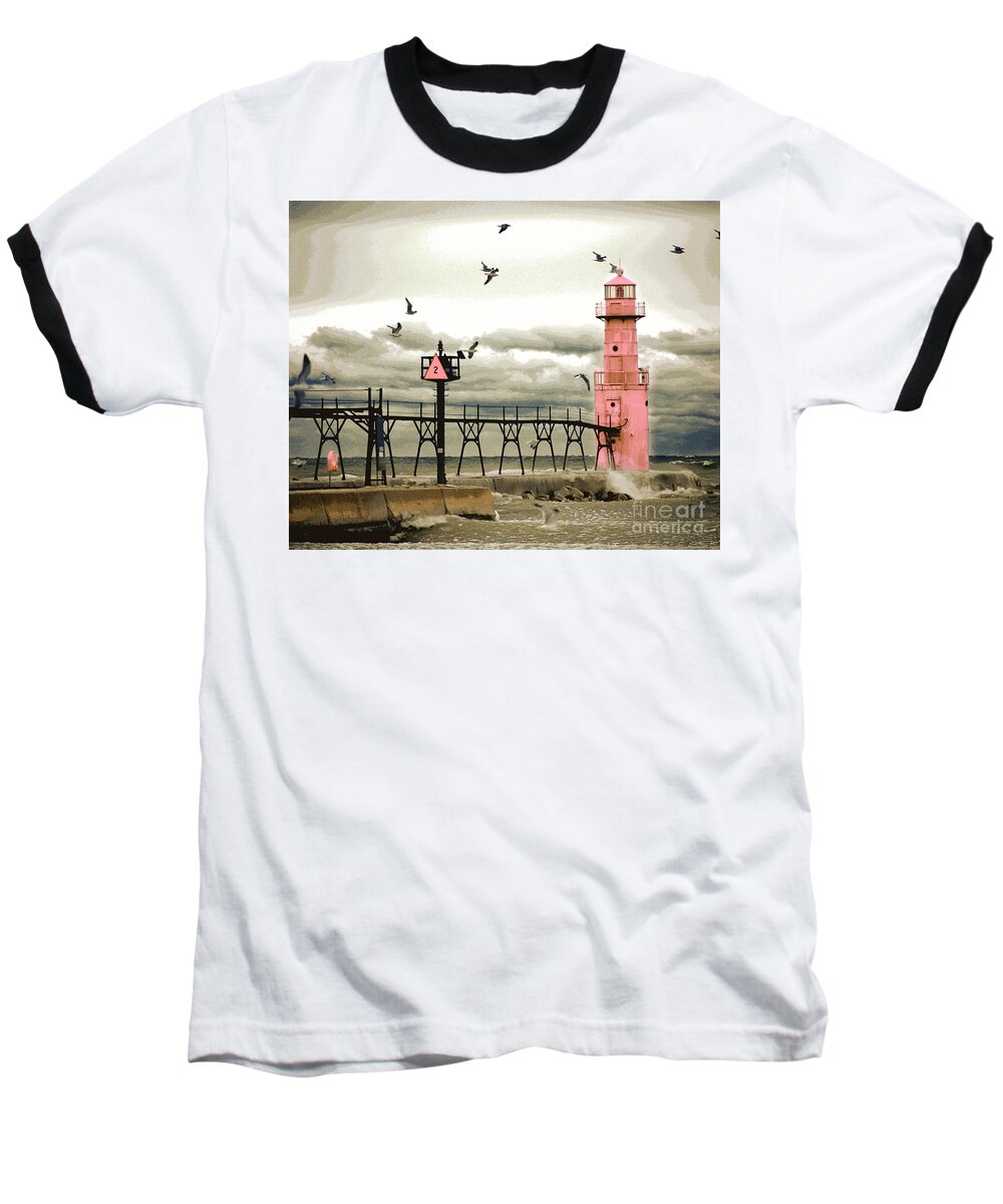 Algoma Pierhead Lighthouse Baseball T-Shirt featuring the digital art Algoma Pierhead Lighthouse by Wernher Krutein