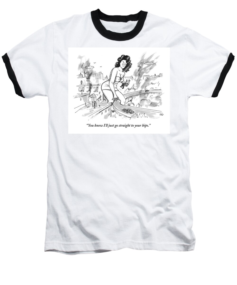 Giants Baseball T-Shirt featuring the drawing An Angry Giant Woman Picks A Man Up by Carolita Johnson