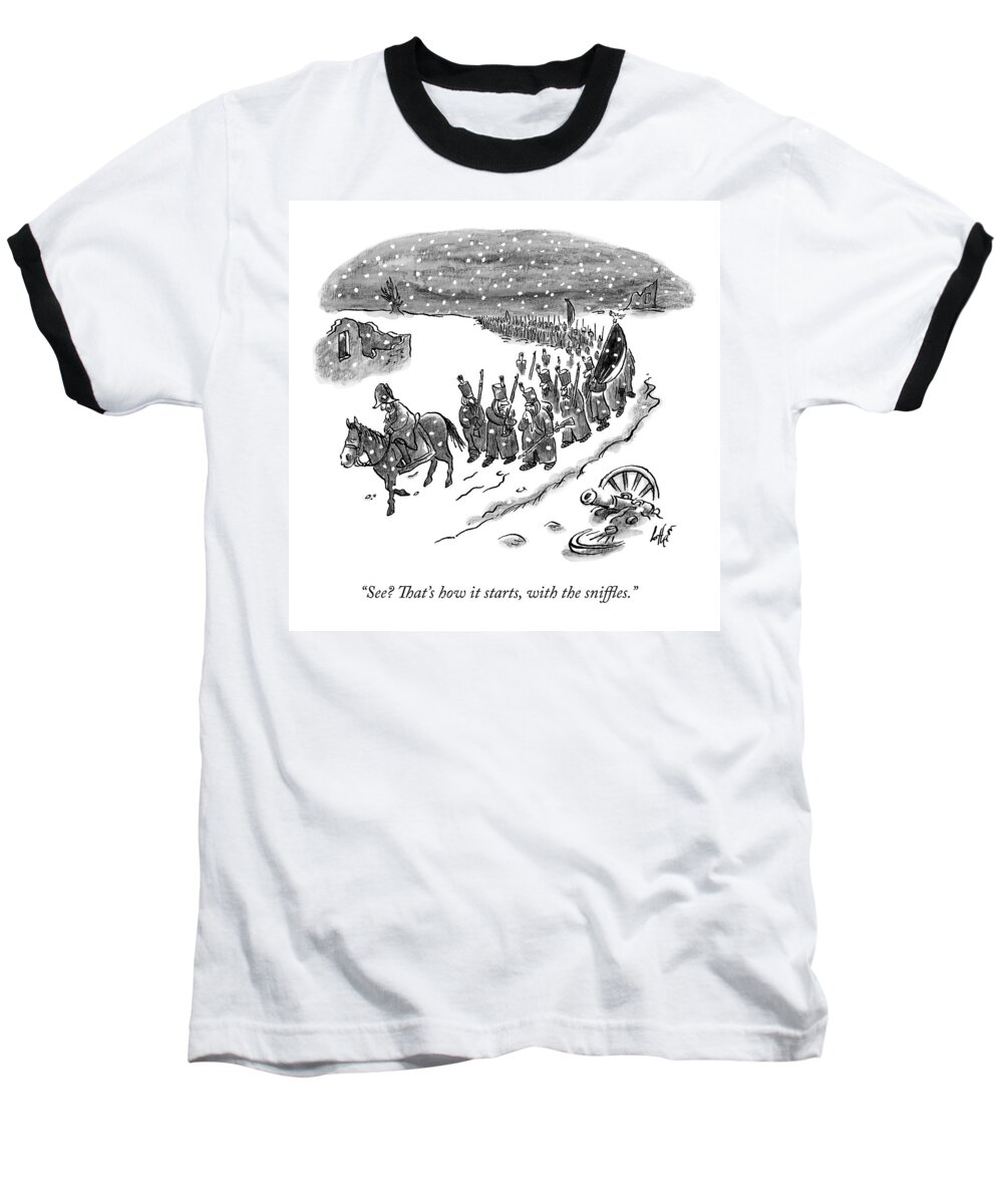 Sniffles Baseball T-Shirt featuring the drawing An Army Of Napoleonic Soldiers Walk Home Though by Frank Cotham