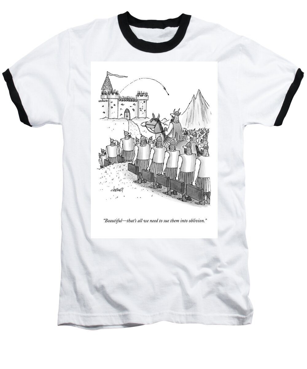 Lawsuits Baseball T-Shirt featuring the drawing An Army Of Vikings Hold Briefcases by Tom Cheney