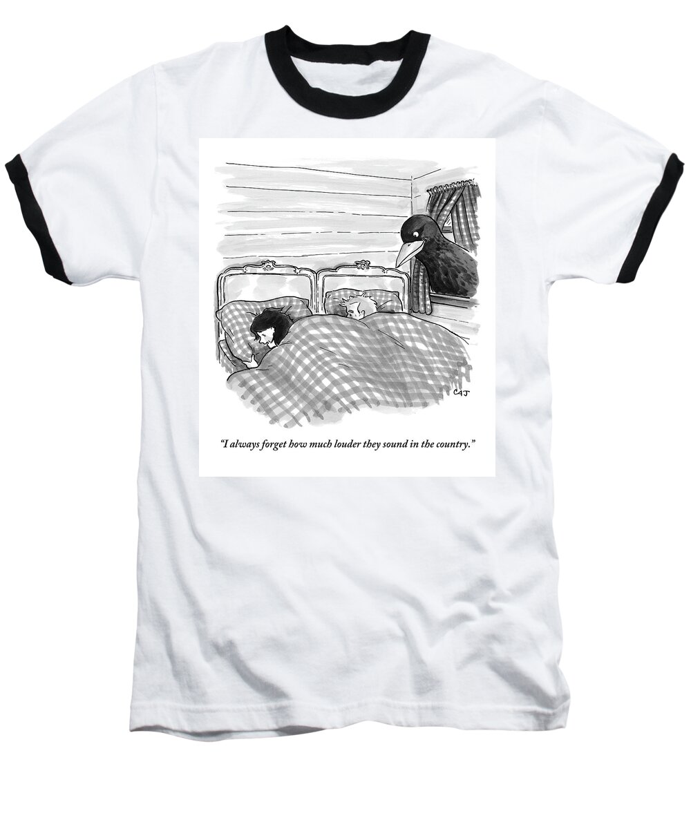 Travel Baseball T-Shirt featuring the drawing An Overly Large Bird Peers Into The Bedroom by Carolita Johnson