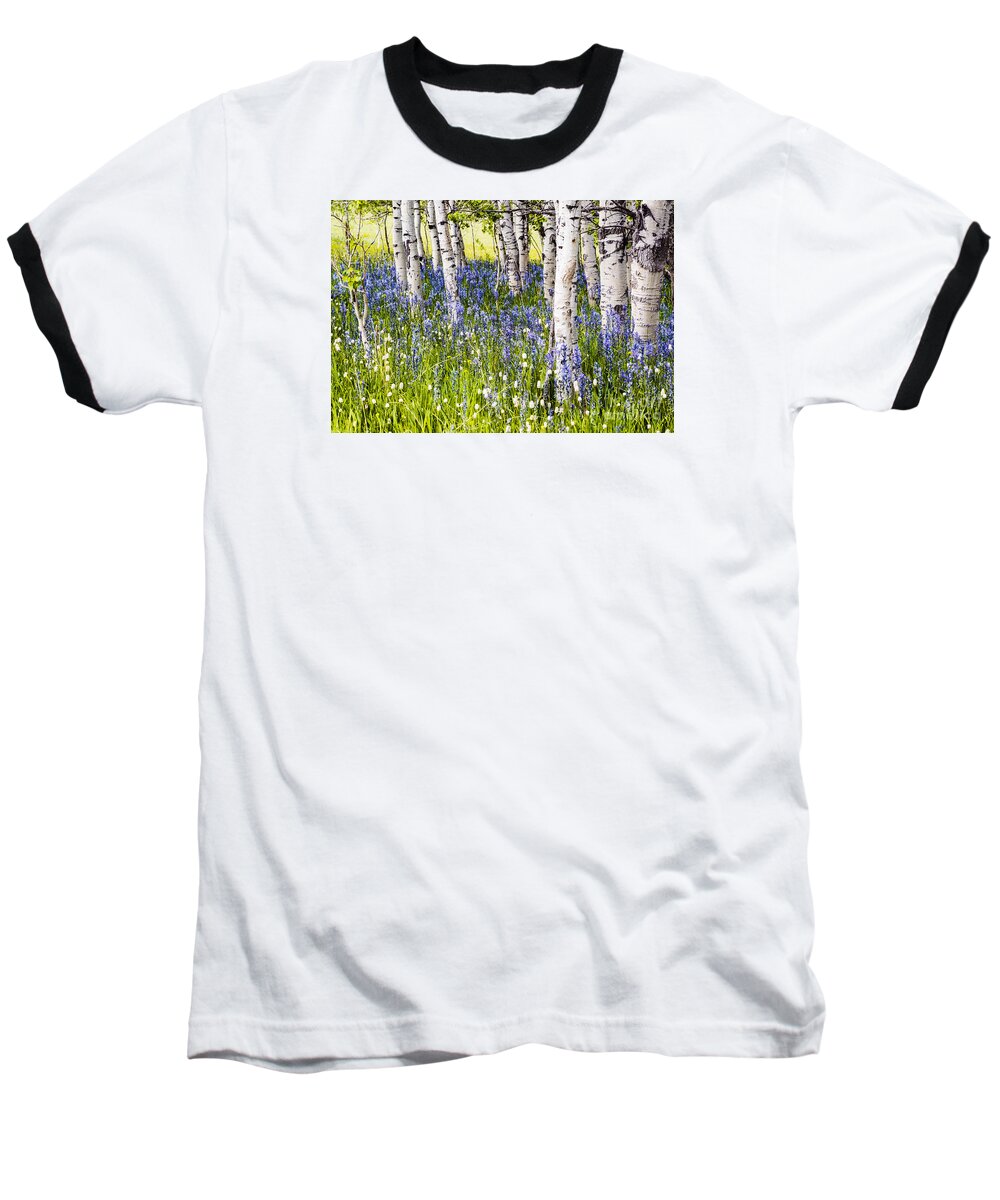 Idaho Baseball T-Shirt featuring the photograph Aspen trees and Camas Lilies in Idaho USA by Vishwanath Bhat