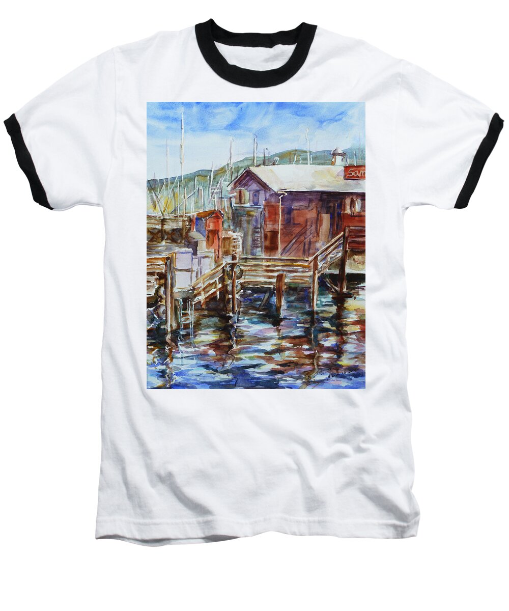 Landscape Baseball T-Shirt featuring the painting At Monterey Wharf CA by Xueling Zou