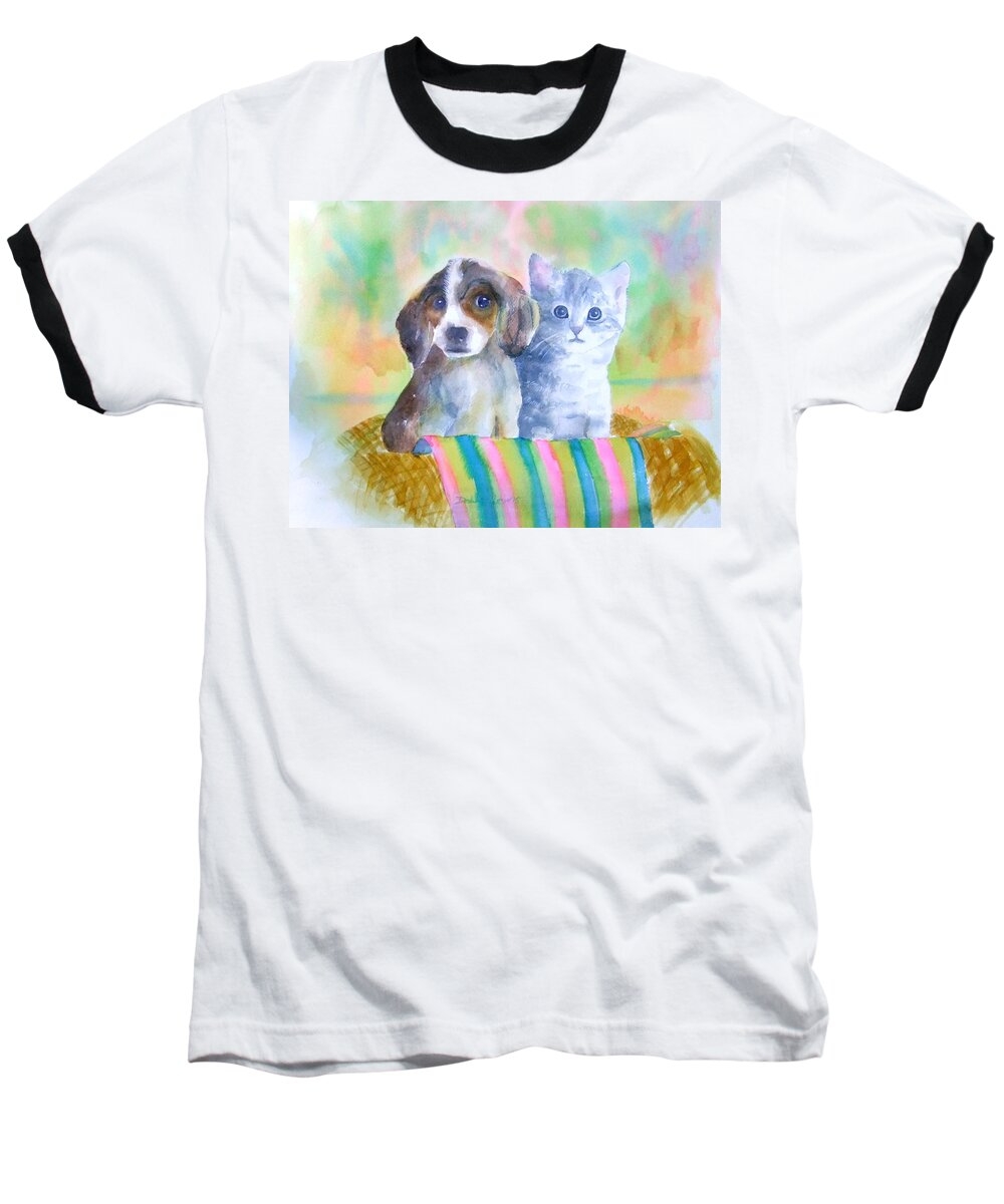 Puppy Baseball T-Shirt featuring the painting Basket Full of Love by Debbie Lewis
