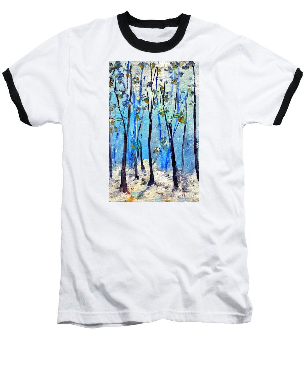 Forest Baseball T-Shirt featuring the painting Blue thoughts in Winter by Daliana Pacuraru