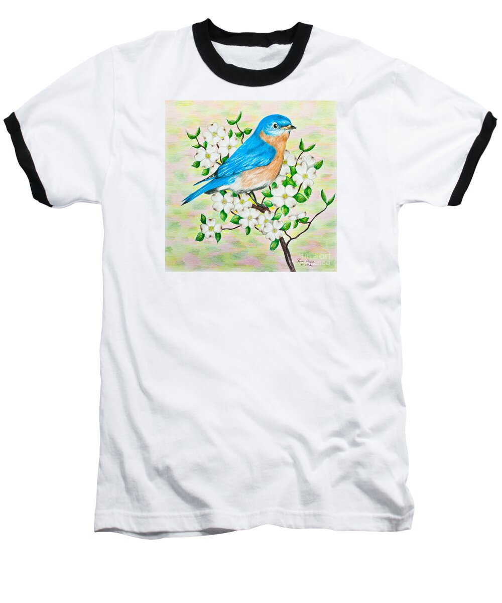 Color Pencil Baseball T-Shirt featuring the drawing Bluebird and Dogwood by Lena Auxier