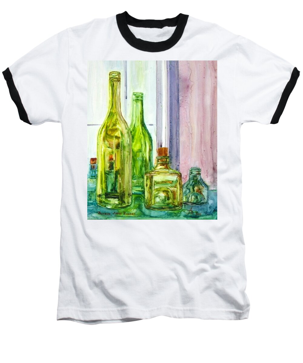 Bottle Baseball T-Shirt featuring the painting Bottles - Shades of Green by Anna Ruzsan