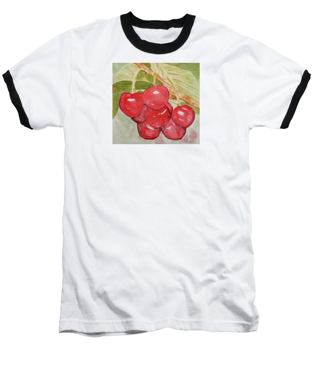 Fruit Baseball T-Shirt featuring the painting Bunch of Red Cherries by Elvira Ingram