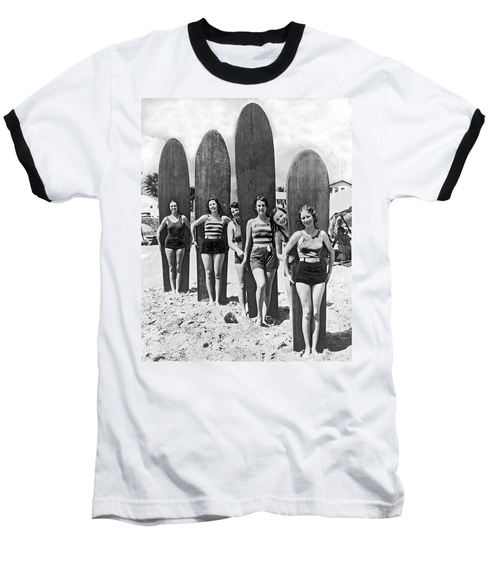 1930 Baseball T-Shirt featuring the photograph California Surfer Girls by Underwood Archives