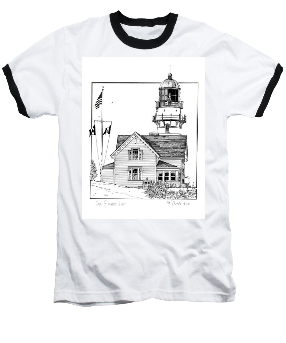 Cape Elizabeth Lighthouse Baseball T-Shirt featuring the drawing Cape Elizabeth Lighthouse by Ira Shander