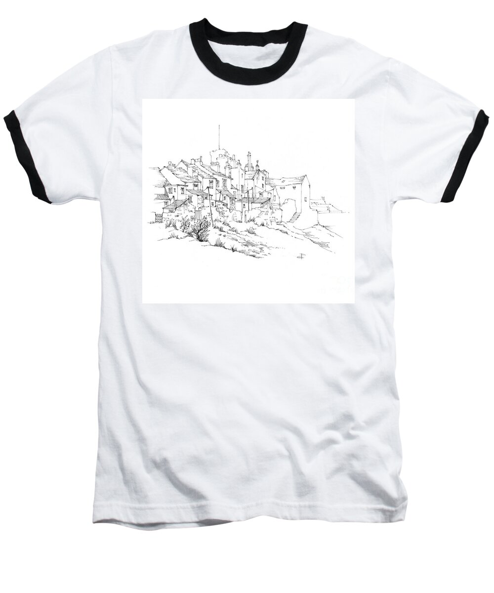 Castletown Baseball T-Shirt featuring the drawing Castletown Coastal Houses by Paul Davenport