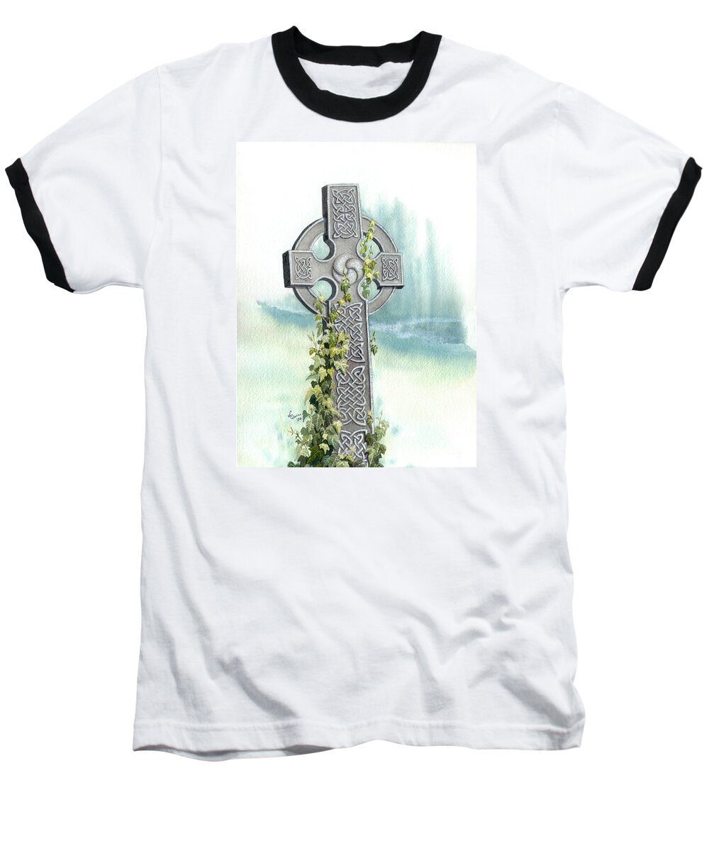 Celtic Cross Baseball T-Shirt featuring the painting Celtic Cross with Ivy II by Lynn Quinn