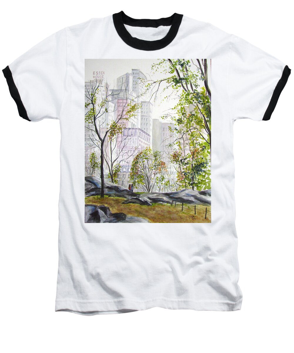Ny Baseball T-Shirt featuring the painting Central Park stroll by Clara Sue Beym