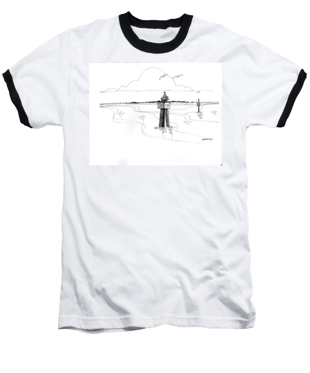 Orcracoke Baseball T-Shirt featuring the drawing Channel Markers Ocracoke Inlet by Richard Wambach