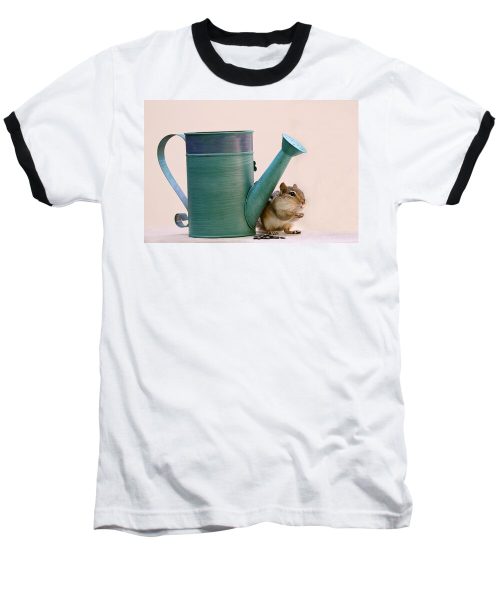 Chipmunks Baseball T-Shirt featuring the photograph Chipmunk and Watering Can by Peggy Collins