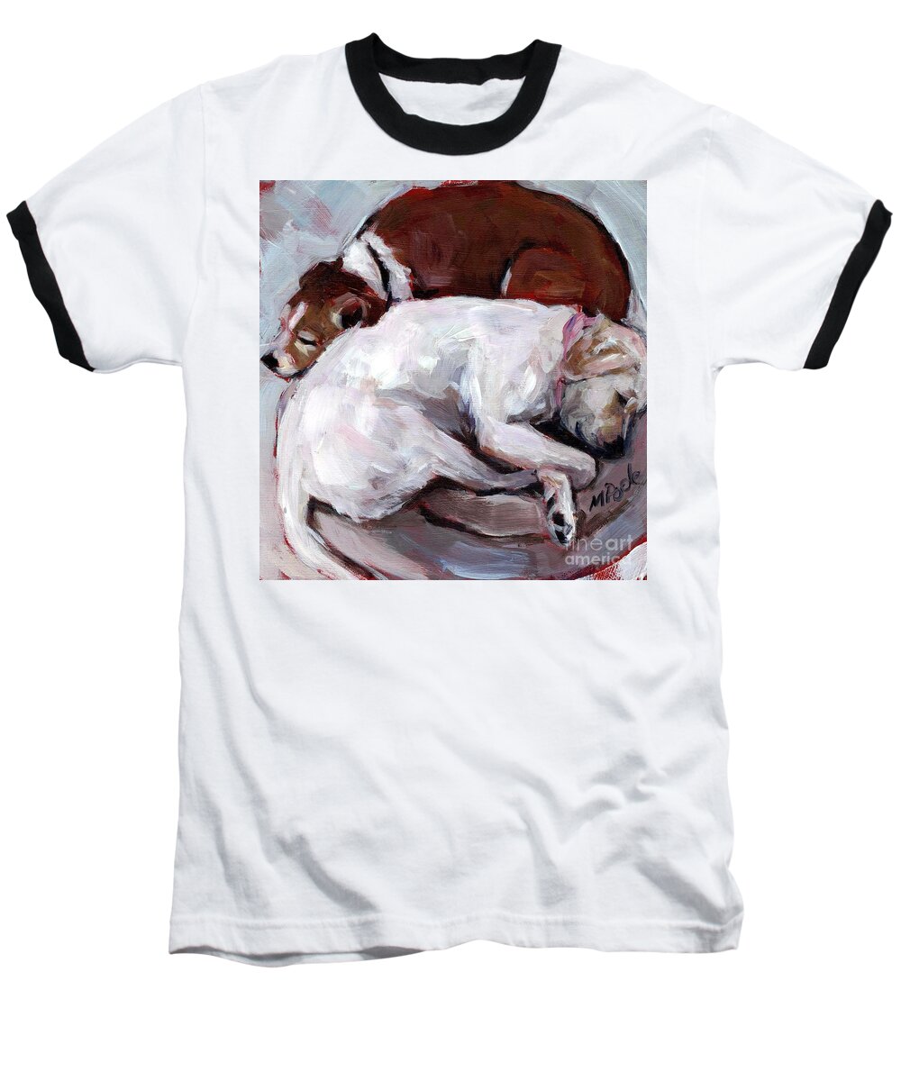 Dogs Snuggling Baseball T-Shirt featuring the painting Cottonball by Molly Poole