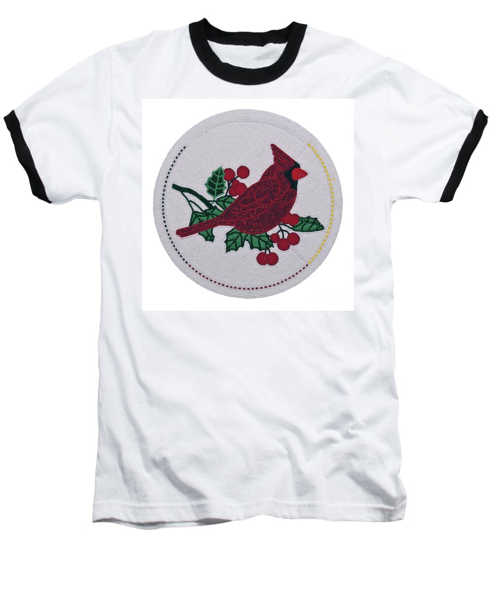 Beadwork Baseball T-Shirt featuring the digital art Cradleboard Beadwork Winter Cardinal by Douglas Limon