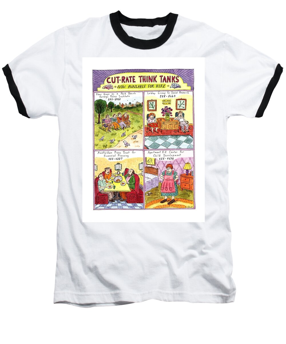 Title: Cut-rate Think Tanks Baseball T-Shirt featuring the drawing Cut-rate Think Tanks by Roz Chast