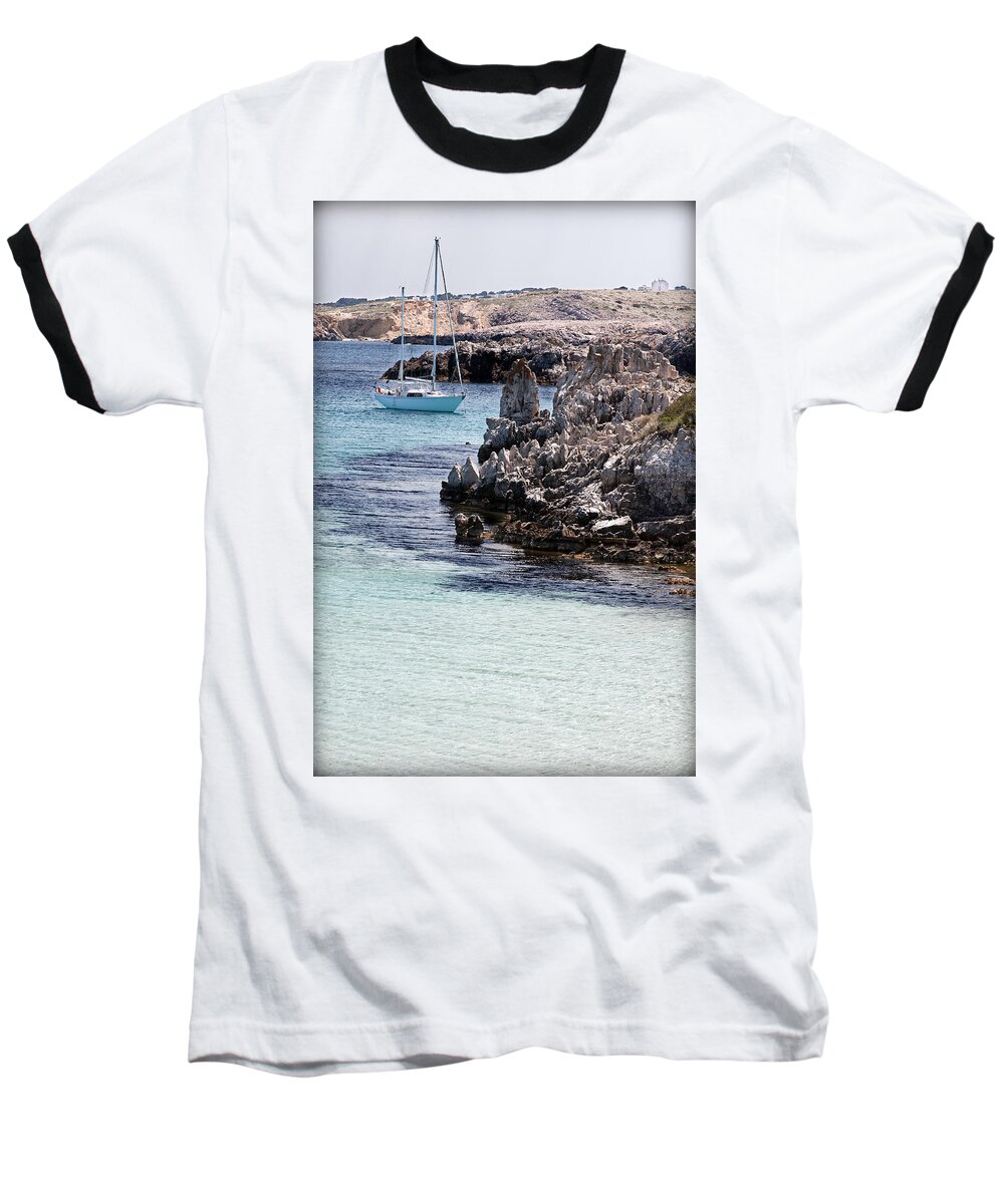 Bay Baseball T-Shirt featuring the photograph In Cala Pudent Menorca the Cutting rocks in contrast with turquoise sea show us an awsome place by Pedro Cardona Llambias