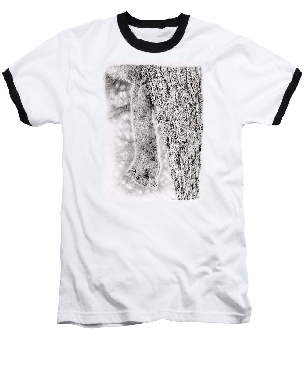 Squirrel Baseball T-Shirt featuring the drawing Dangling Squirrel by Casey 'Remrov' Vormer
