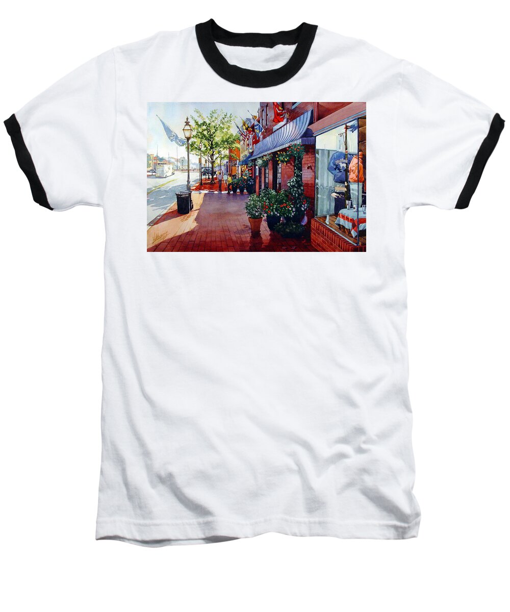 Landscape Baseball T-Shirt featuring the painting Down to the Waterfront by Mick Williams