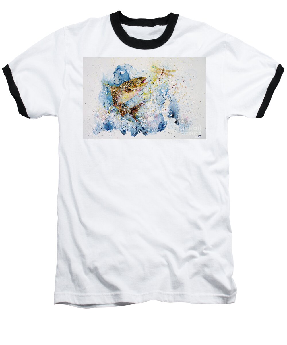 Trout Baseball T-Shirt featuring the painting Dragonfly Hunter by Zaira Dzhaubaeva