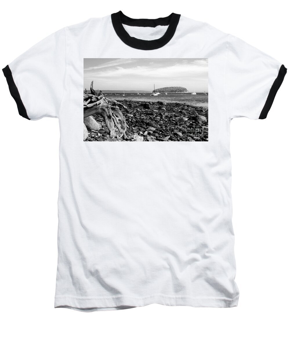 Driftwood On Rocky Beach Baseball T-Shirt featuring the photograph Driftwood and Harbor by Jemmy Archer