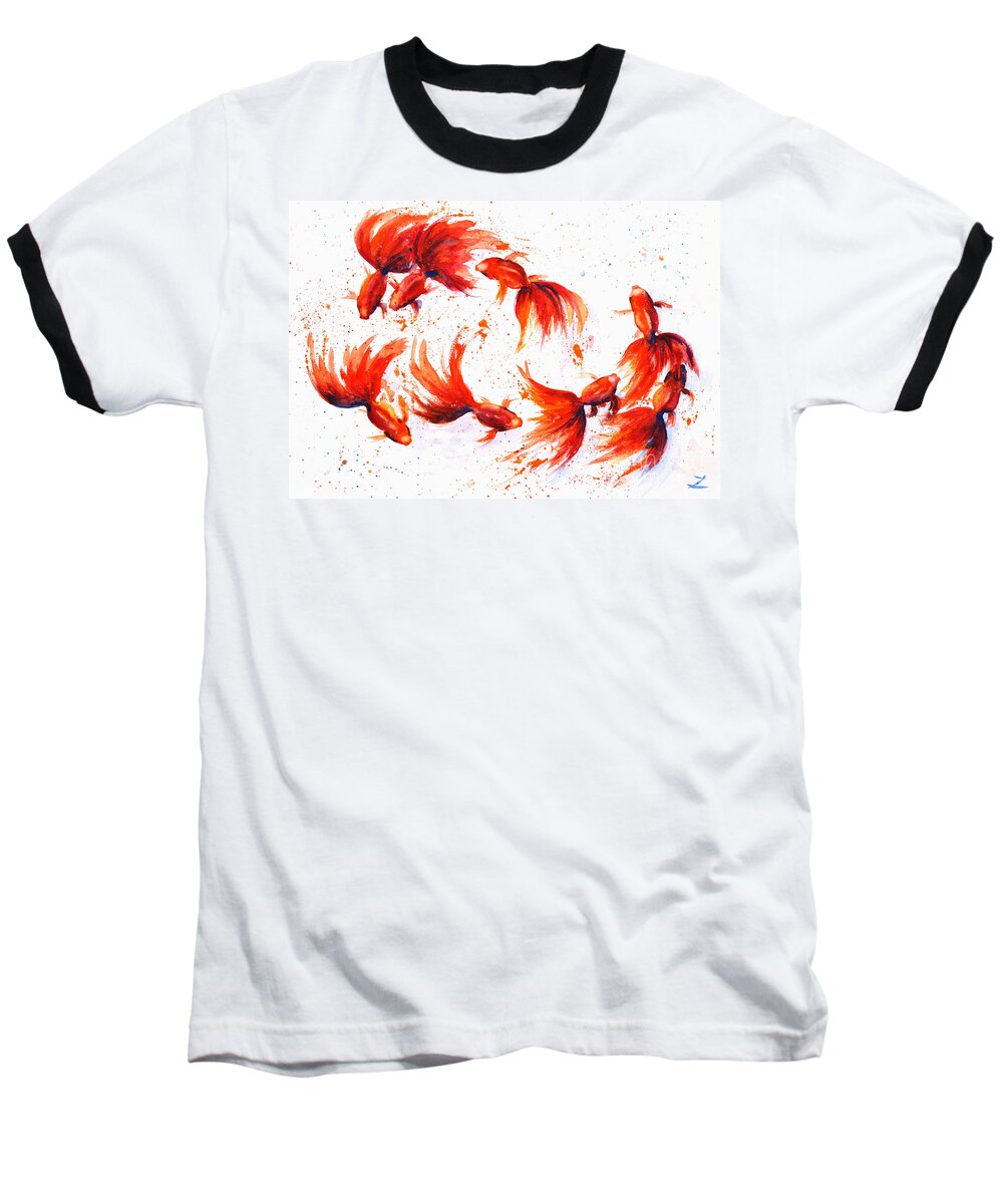 Eight Baseball T-Shirt featuring the painting Eight Dancing Goldfish by Zaira Dzhaubaeva