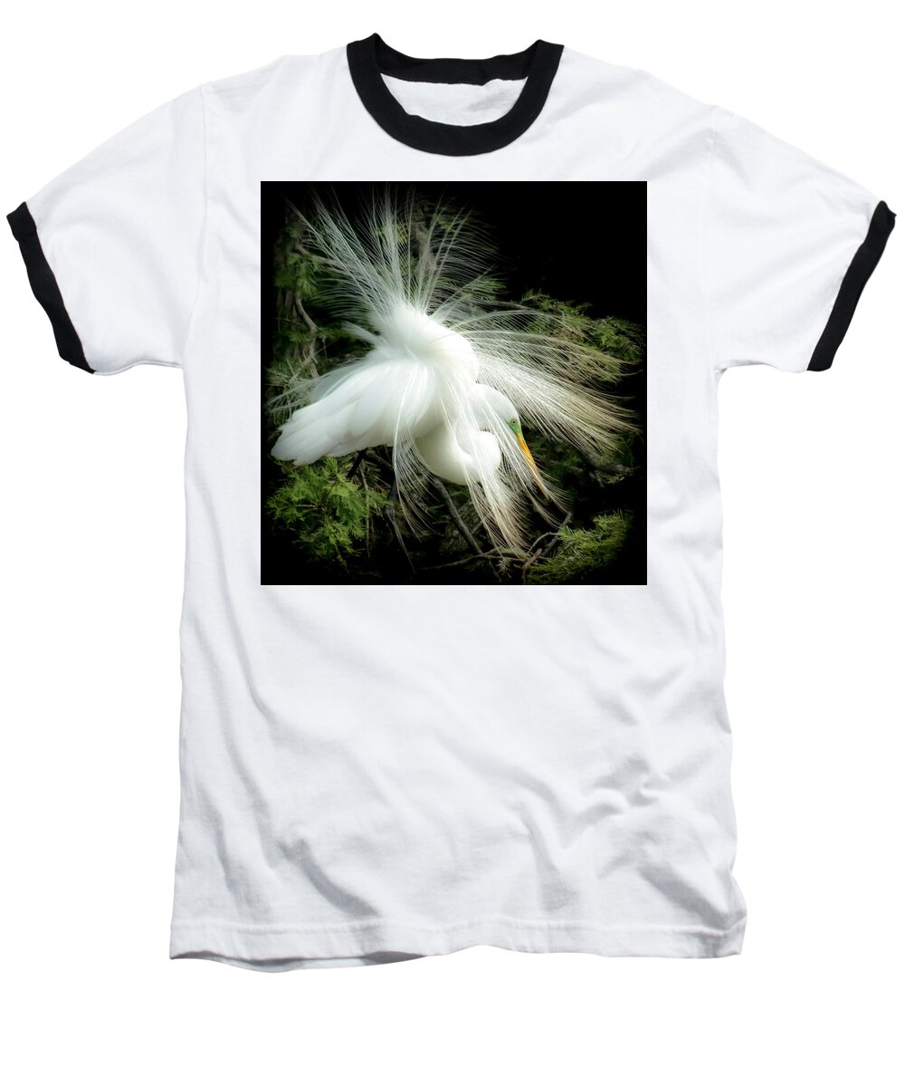 White Egret Baseball T-Shirt featuring the photograph ELEGANCE of CREATION by Karen Wiles