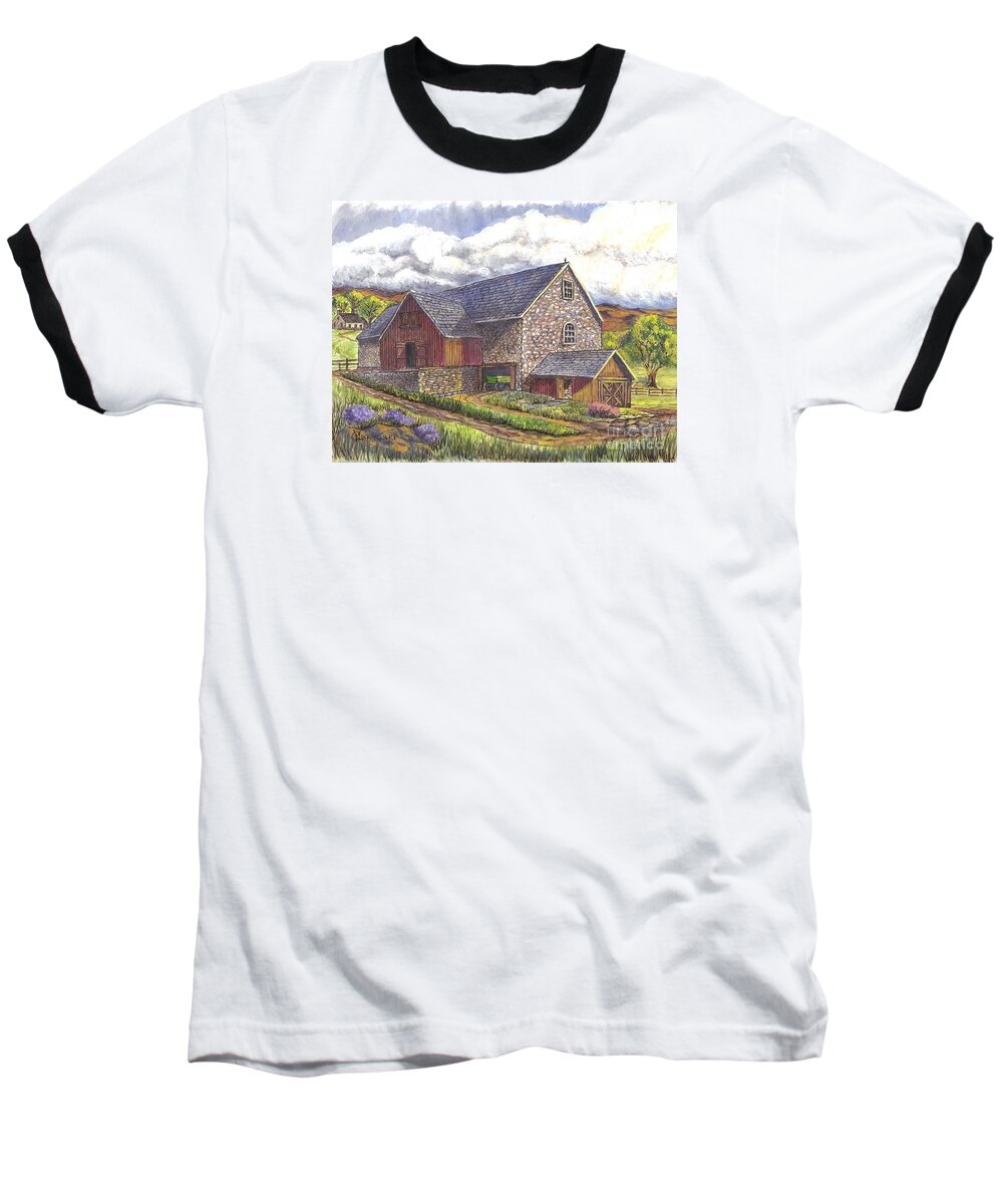 Stone Baseball T-Shirt featuring the drawing A Scottish Farm by Carol Wisniewski