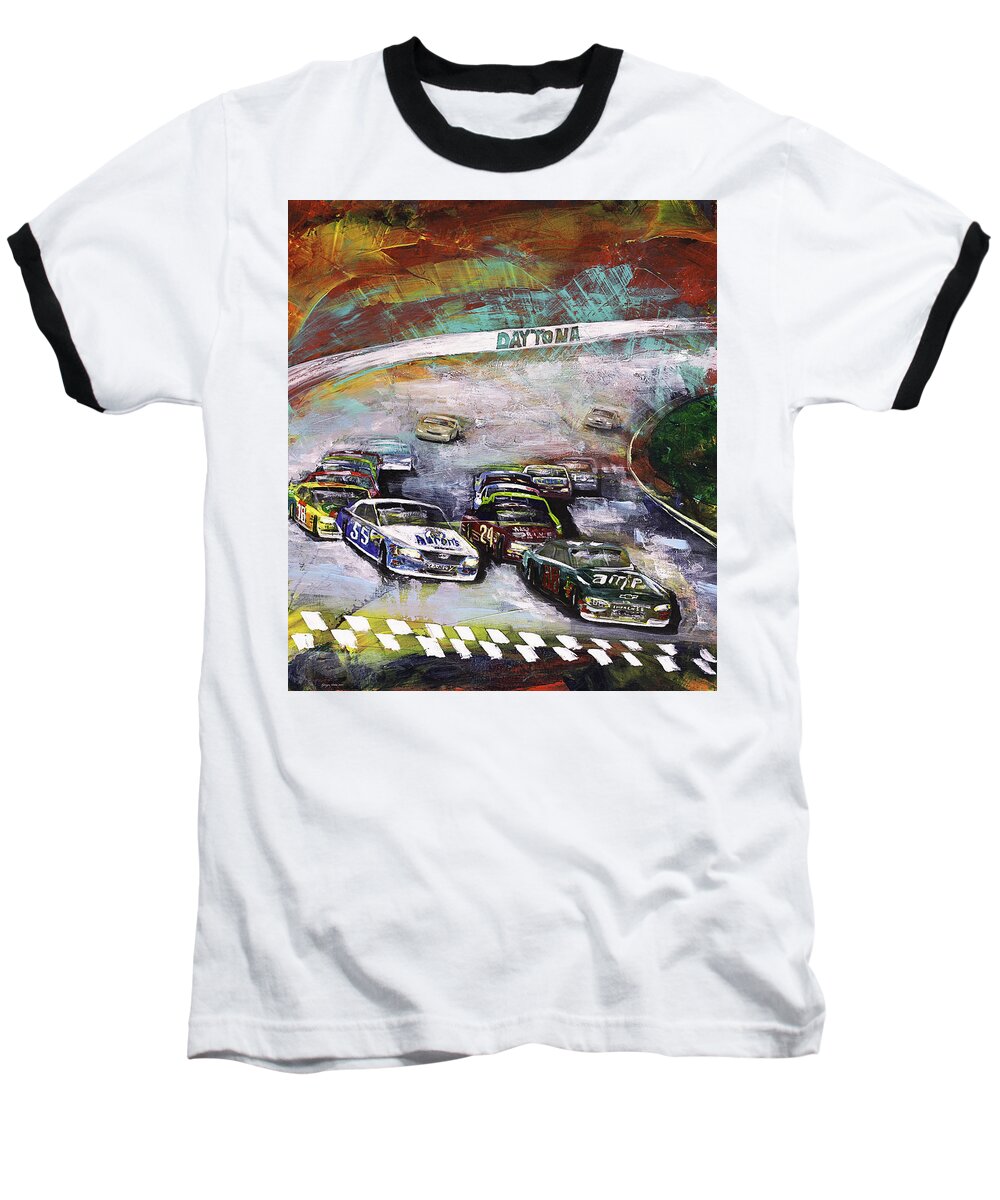 Nascar Baseball T-Shirt featuring the painting Finish Line by Gray Artus