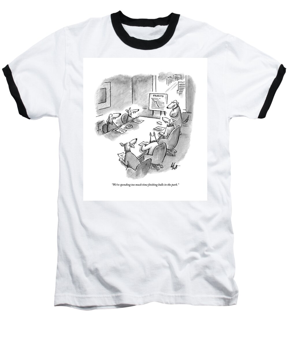 Dogs - Fetching Baseball T-Shirt featuring the drawing Five Dogs Sit Around An Office Meeting Table by Frank Cotham