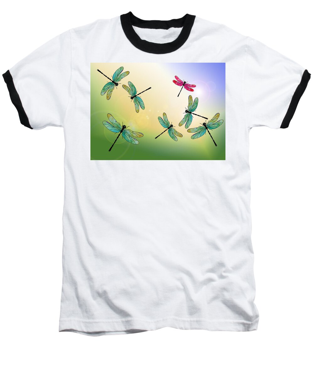 Dragonfly Baseball T-Shirt featuring the mixed media Flight of the Scarlet Lady by Jenny Armitage