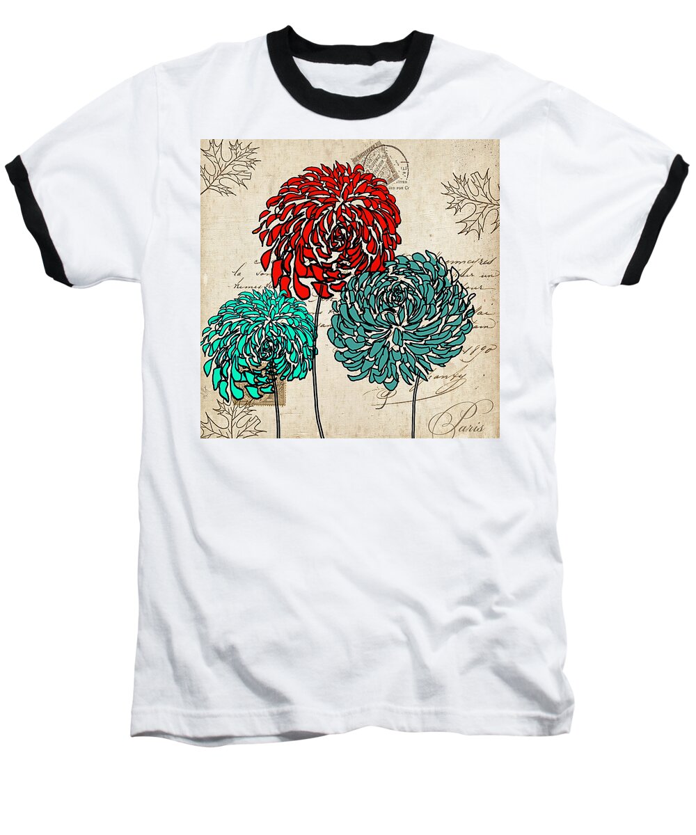 Turquoise Flower Baseball T-Shirt featuring the painting Floral Delight IV by Lourry Legarde