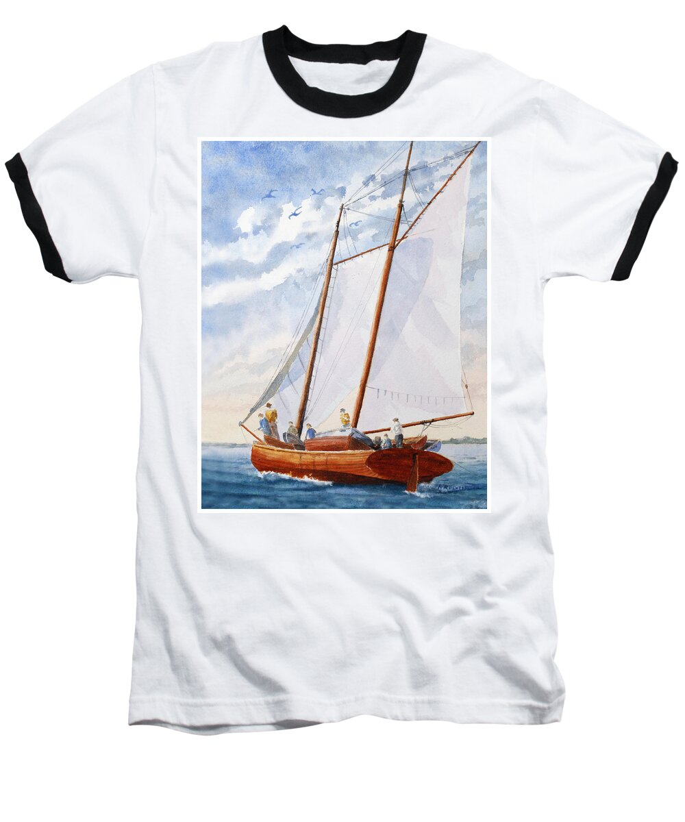Boat Baseball T-Shirt featuring the painting Florida Catboat at Sea by Roger Rockefeller