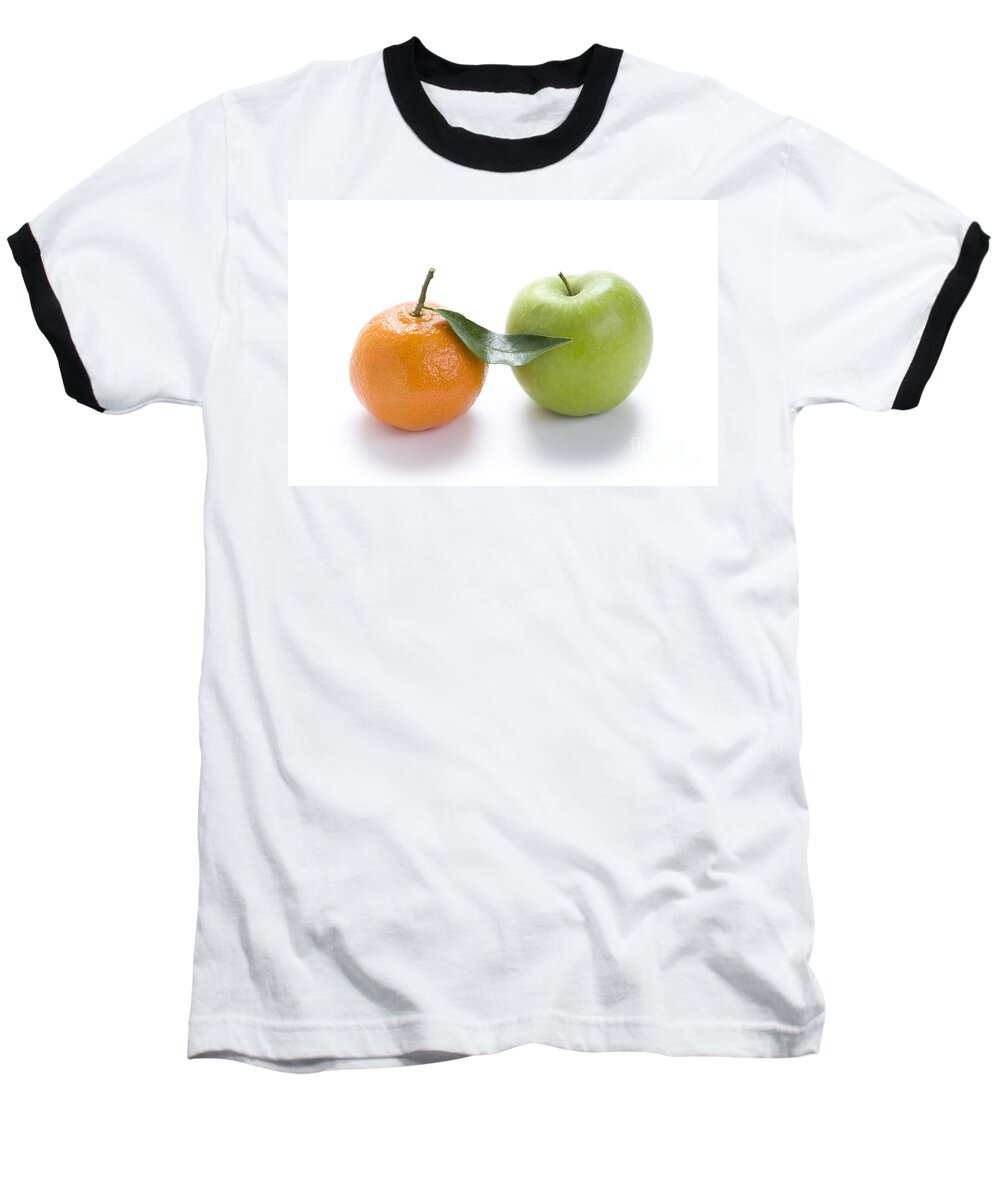 Oranges And Apples Baseball T-Shirt featuring the photograph Fresh Apple And Orange On White by Lee Avison