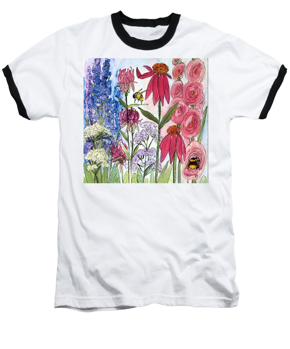 Acrylic On Canvas Baseball T-Shirt featuring the painting Garden Flower and Bees by Laurie Rohner