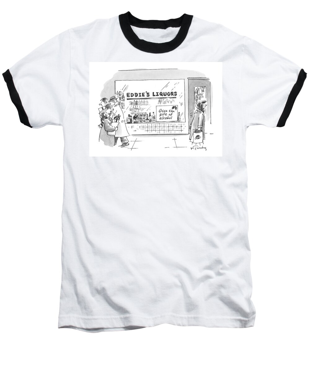 Christmas - Christmas Shopping Baseball T-Shirt featuring the drawing Give The Gift Of Alcohol by Mike Twohy