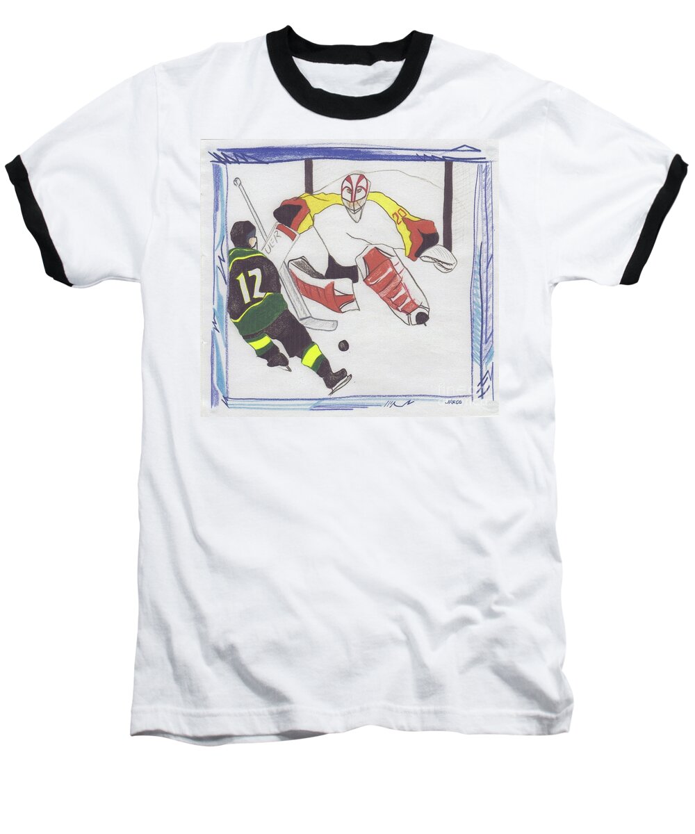 Hockey Baseball T-Shirt featuring the drawing Shut Out by jrr by First Star Art