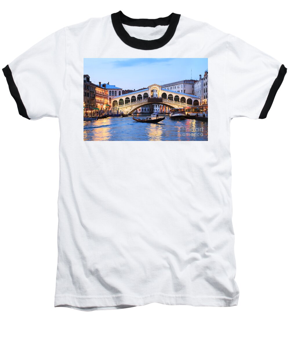 Venice Baseball T-Shirt featuring the photograph Gondola in front of Rialto bridge at dusk Venice Italy by Matteo Colombo