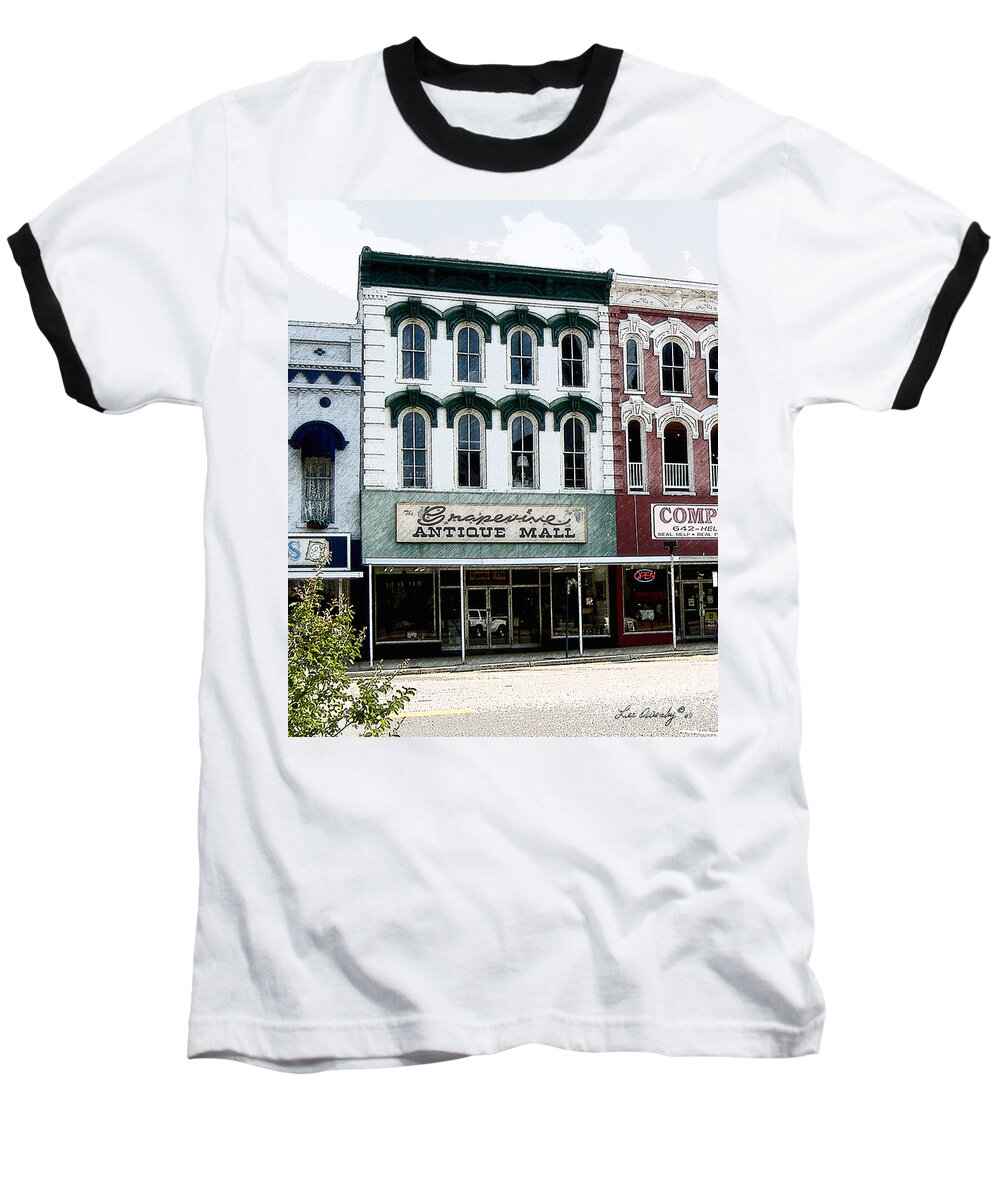 Windows On The Square Baseball T-Shirt featuring the photograph Grapevine Antiques by Lee Owenby