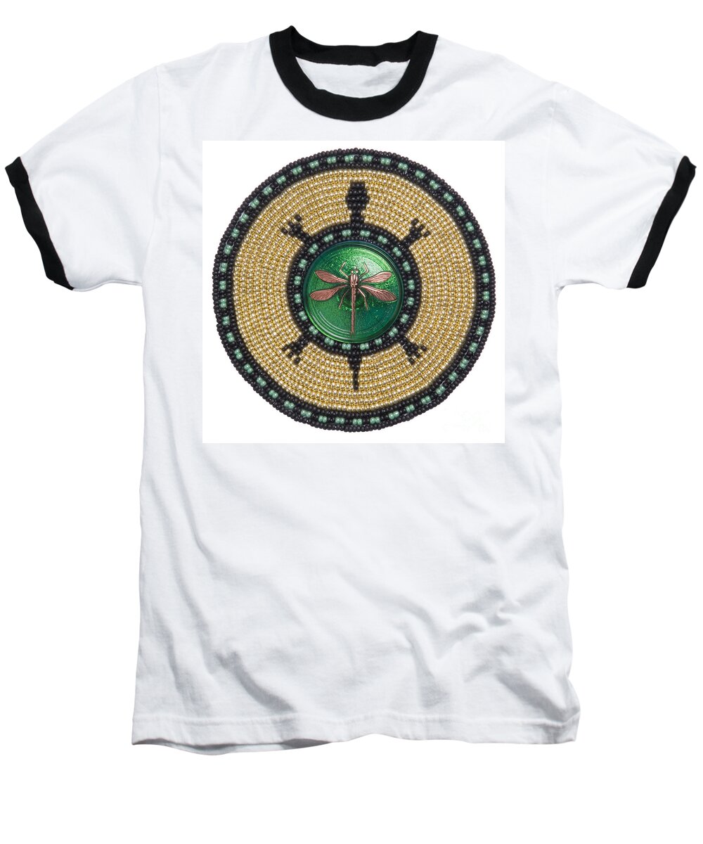 Dragonfly Baseball T-Shirt featuring the mixed media Green Jewel Dragonfly Turtle by Douglas Limon