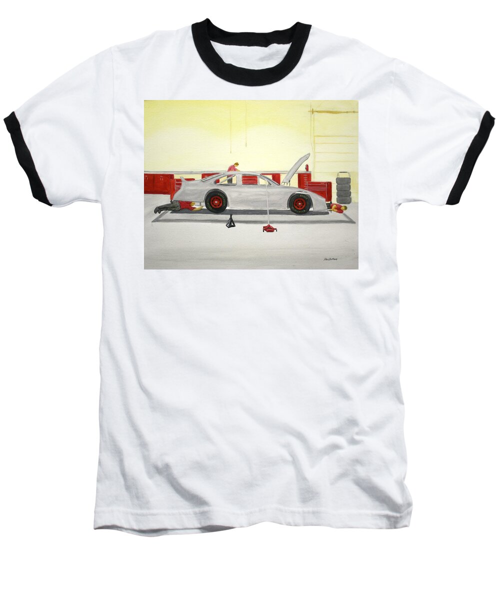 Racing Baseball T-Shirt featuring the painting Guys Back at the Shop by Stacy C Bottoms