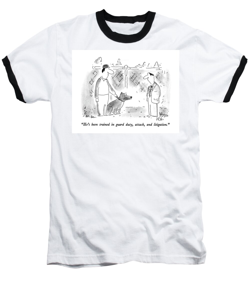 Dogs Baseball T-Shirt featuring the drawing He's Been Trained In Guard Duty by Arnie Levin