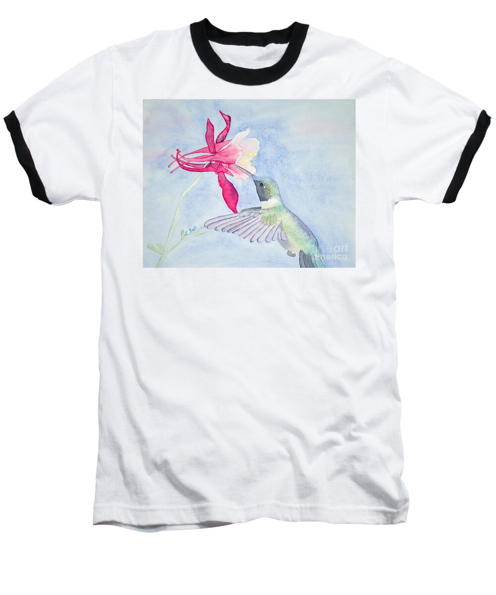 Ruby-throated Baseball T-Shirt featuring the painting Hummingbird and Columbine by Laurel Best
