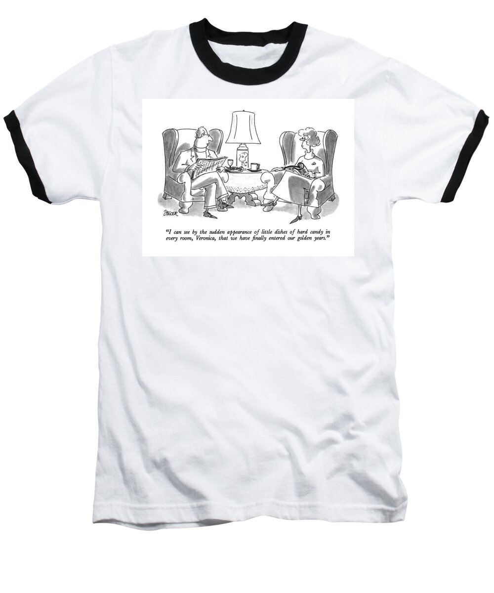 Middle Age Baseball T-Shirt featuring the drawing I Can See By The Sudden Appearance Of Little by Jack Ziegler