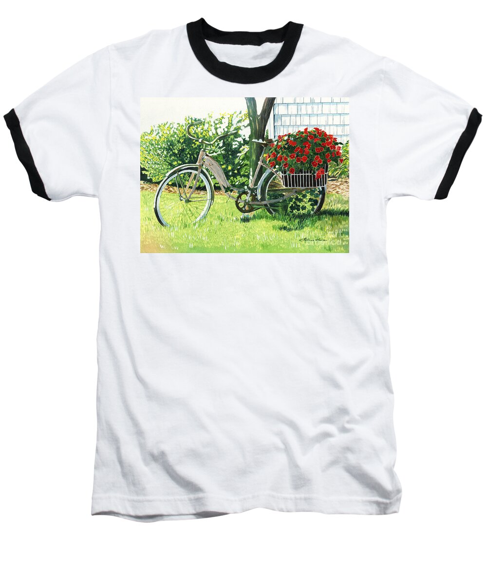 Bicycle Baseball T-Shirt featuring the painting Impatiens to Ride by LeAnne Sowa