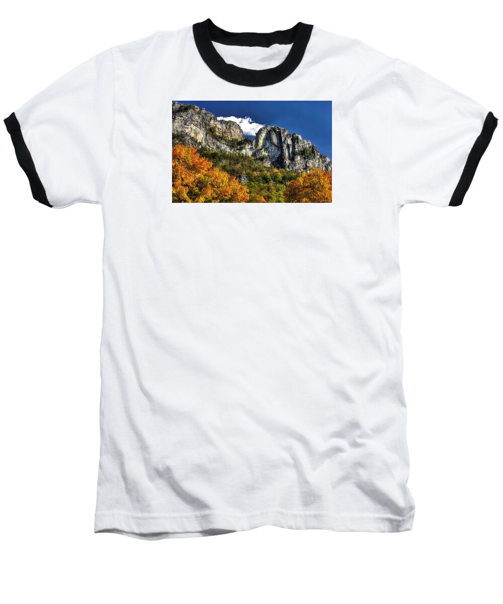 West Virginia Baseball T-Shirt featuring the photograph Imposing Seneca Rocks - Seneca Rocks National Recreation Area WV Autumn Mid-Afternoon by Michael Mazaika